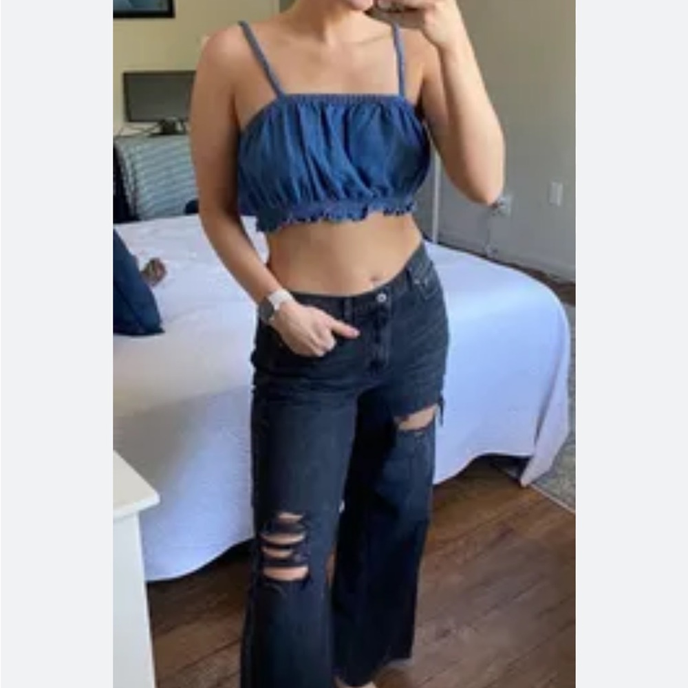 American Eagle Smocked Crop Bandeau Denim Ruffle Top Festival Country Size XS
